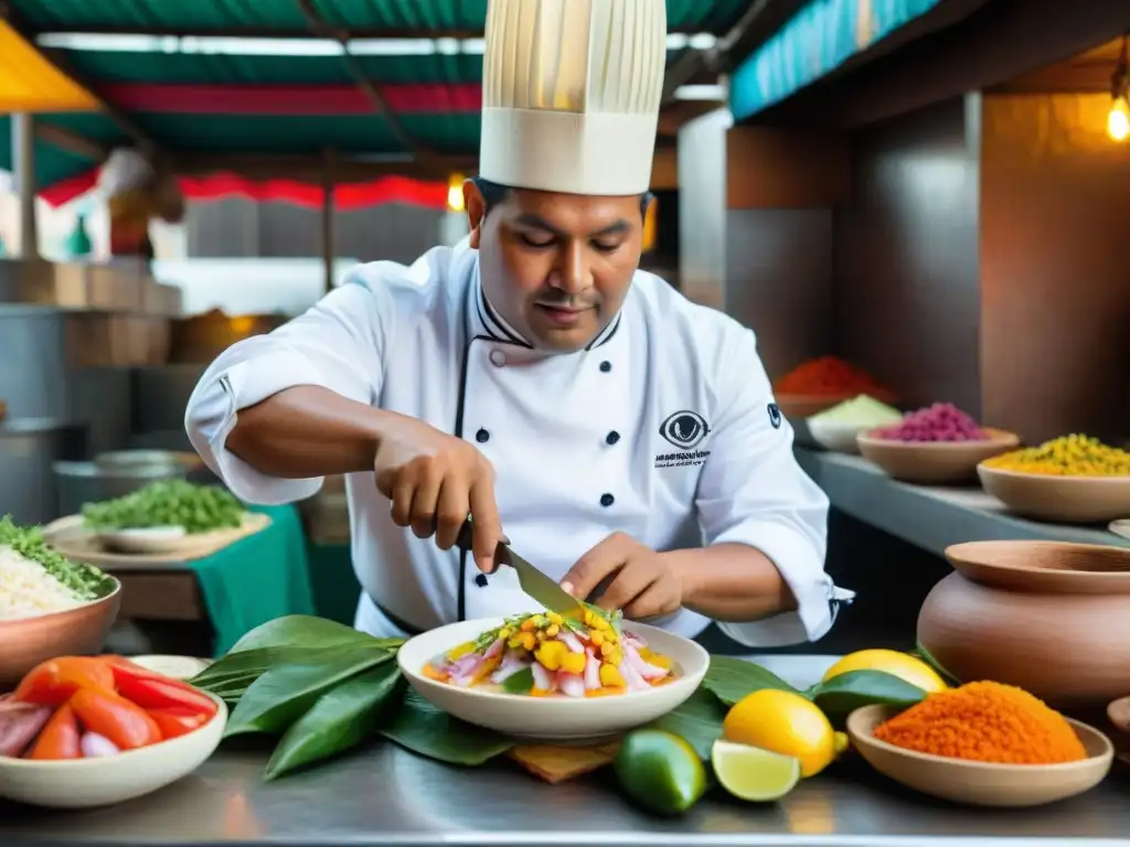 Un chef peruano preparando ceviche con ingredientes autóctonos en un mercado andino