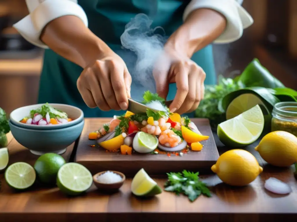 Un chef peruano prepara ceviche con ingredientes autóctonos, reflejando la pasión de la gastronomía peruana