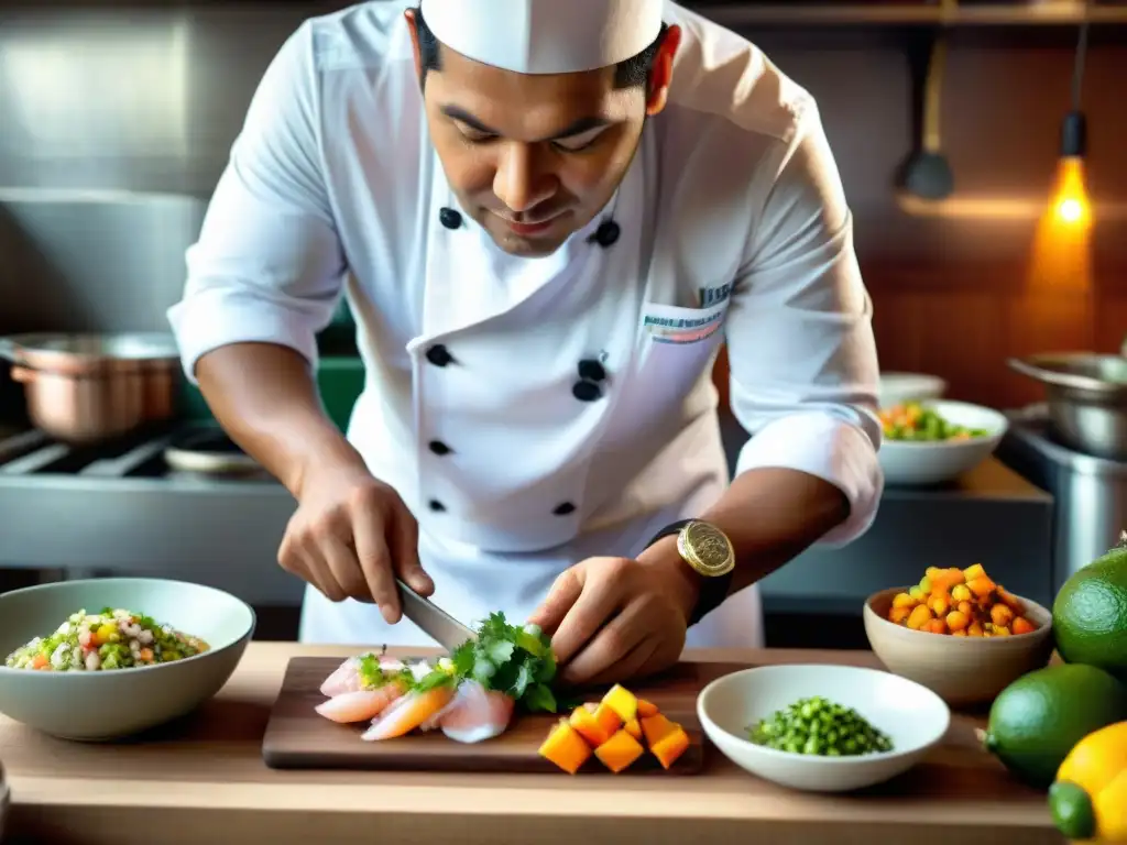 Un chef peruano preparando ceviche con ingredientes autóctonos en una cocina bulliciosa