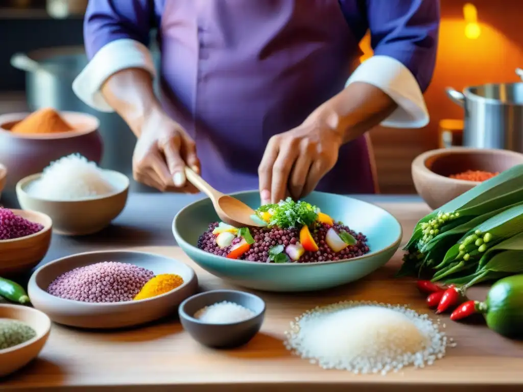 Un chef peruano prepara ceviche con ingredientes autóctonos en cocina tradicional