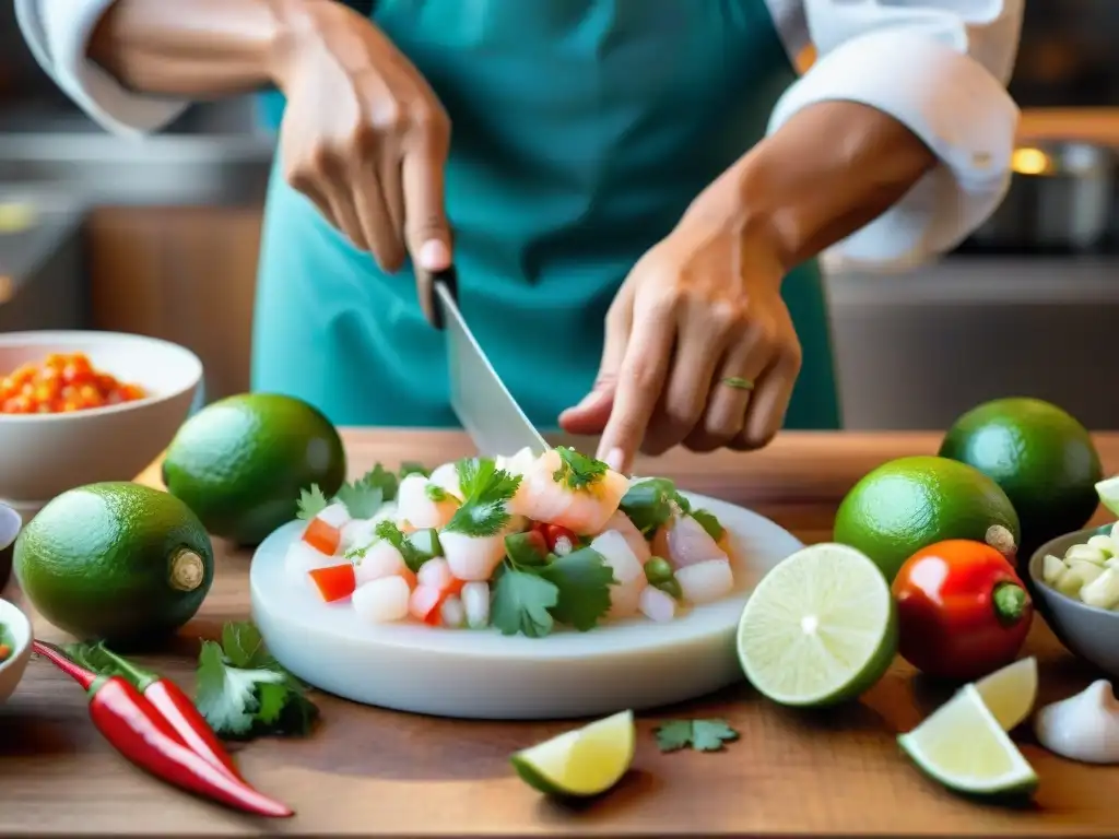 Un chef peruano prepara ceviche con ingredientes autóctonos en una cocina vibrante