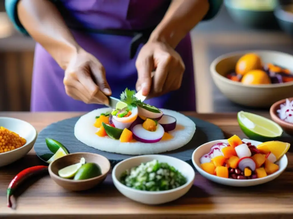 Un chef peruano preparando ceviche, destacando ingredientes autóctonos