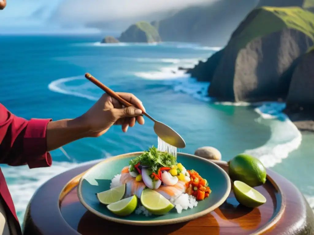 Un chef peruano prepara ceviche con ingredientes autóctonos, resaltando la diversidad de la gastronomía peruana en la costa