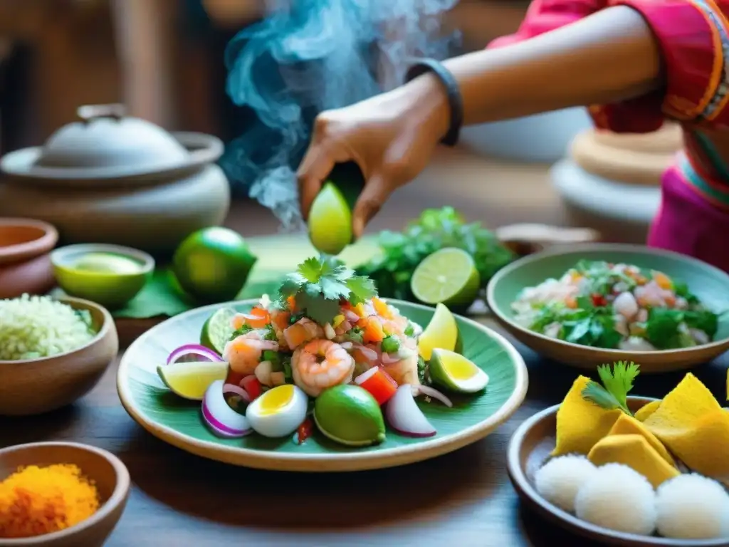 Un chef peruano prepara ceviche con ingredientes autóctonos en una cocina tradicional, mostrando la esencia de la gastronomía peruana