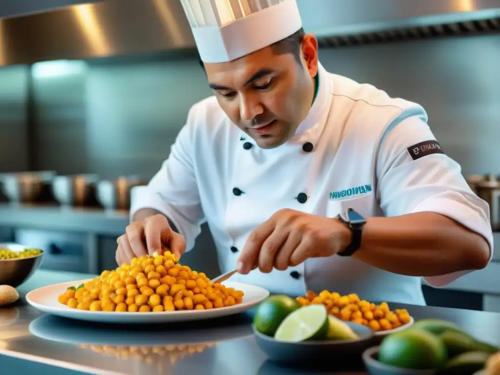 Chef peruano preparando ceviche con ingredientes autóctonos en cocina profesional