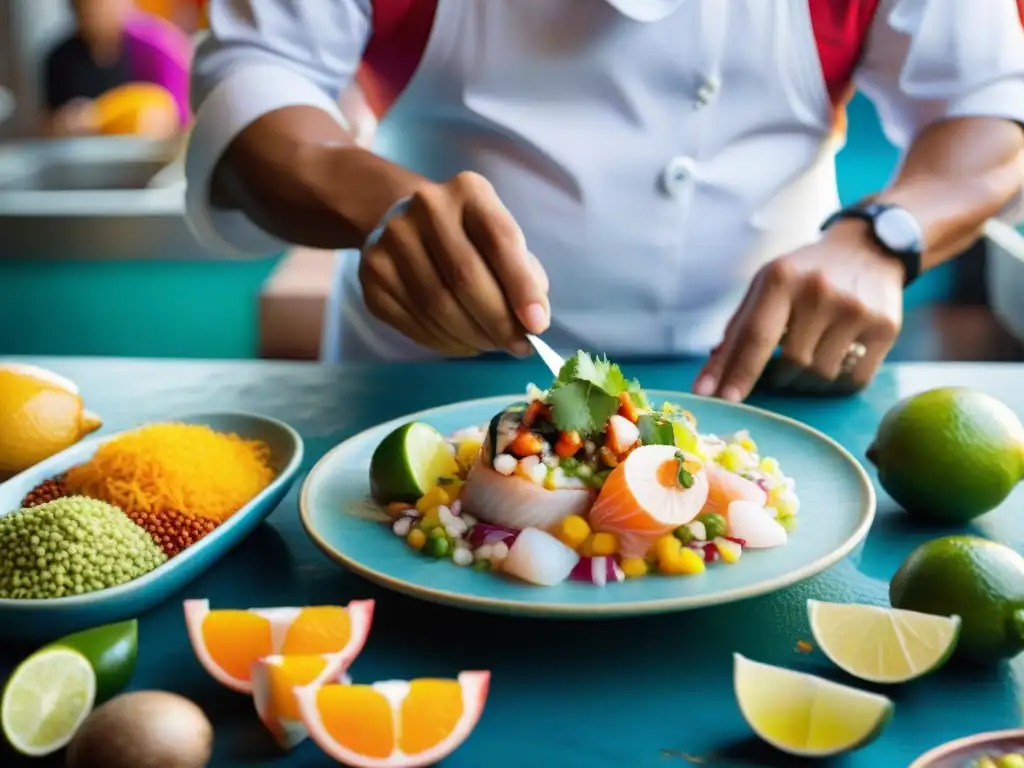 Un chef peruano preparando ceviche con ingredientes autóctonos en un mercado local