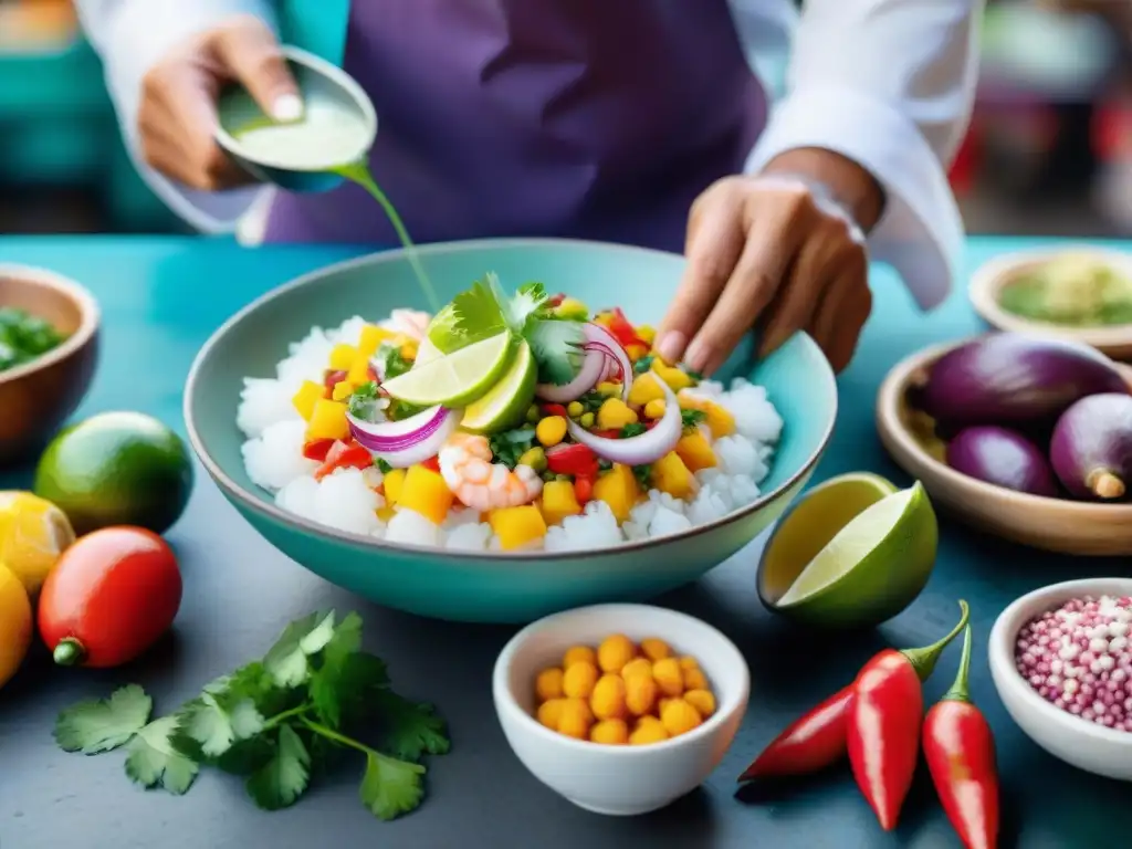 Un chef peruano preparando ceviche con ingredientes autóctonos en mercado limeño