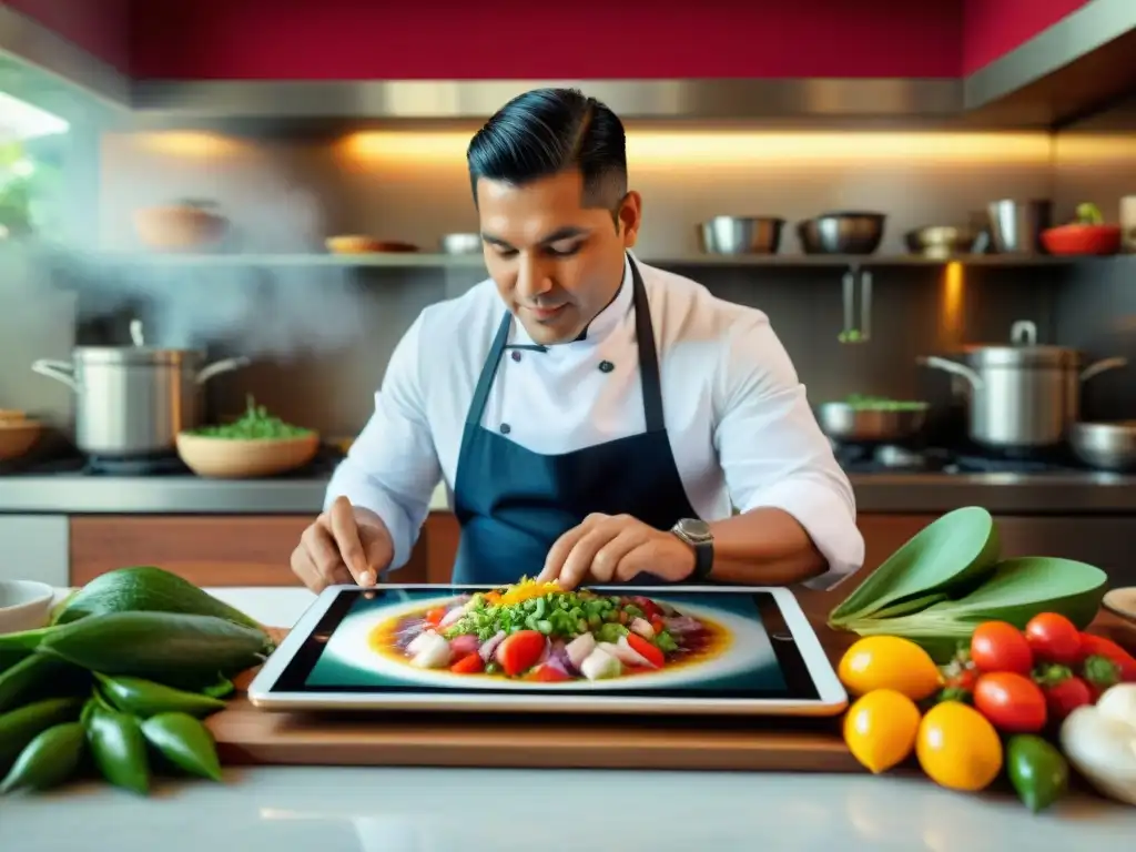 Un chef peruano preparando ceviche con ingredientes frescos en una cocina vibrante, integrando aplicaciones móviles