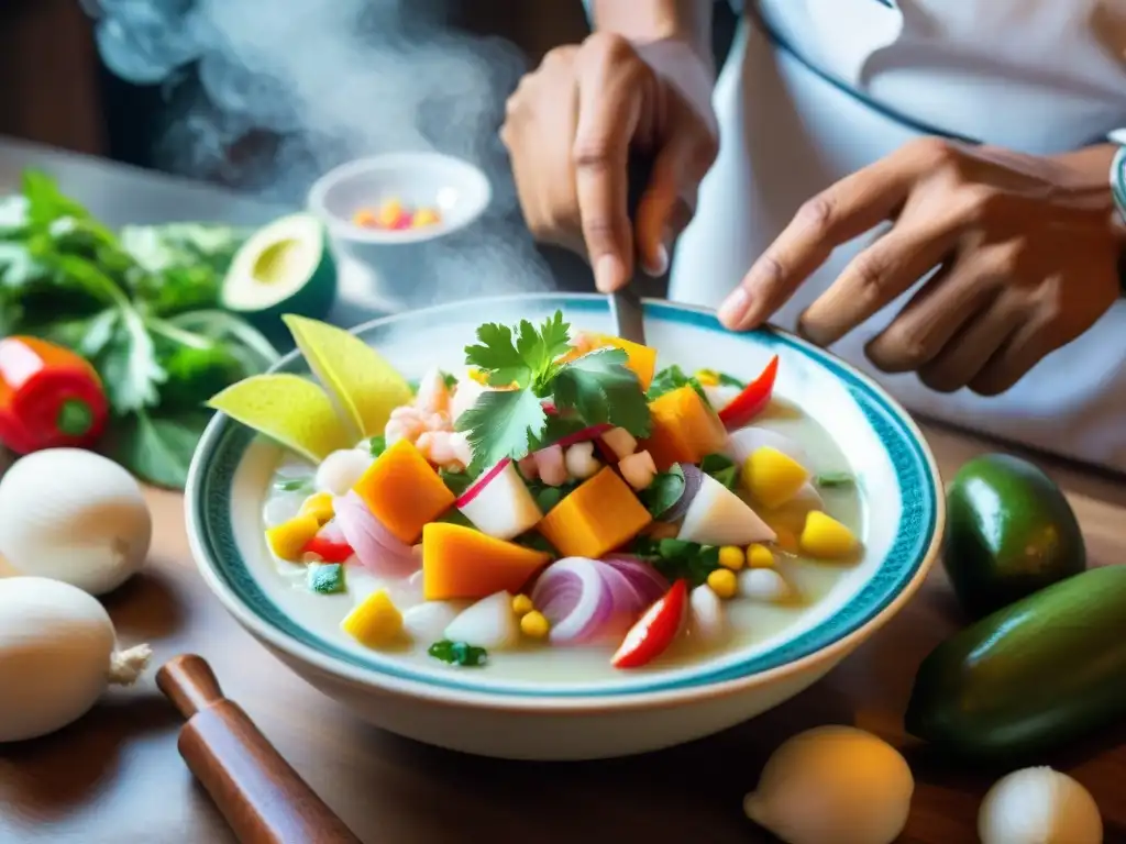 Un chef peruano preparando ceviche con ingredientes autóctonos