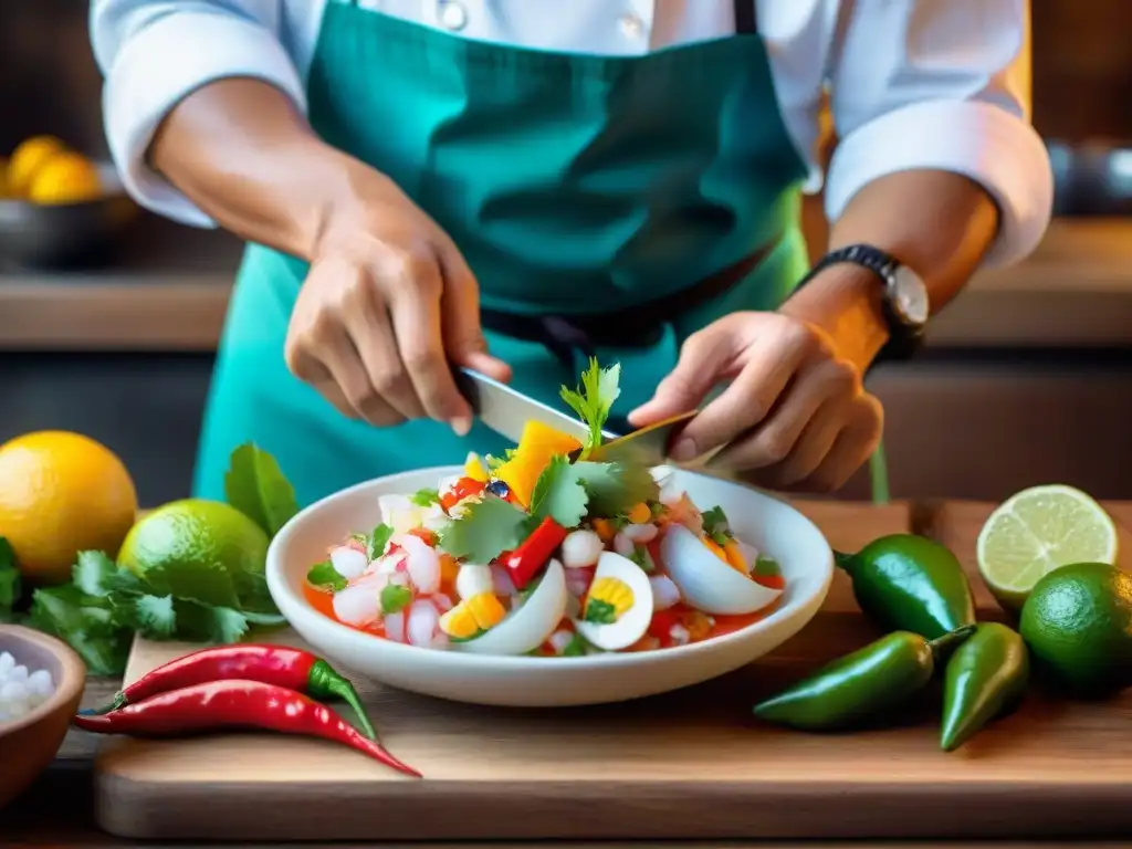 Un chef peruano preparando ceviche, con ingredientes frescos y colores vibrantes en mesa rústica