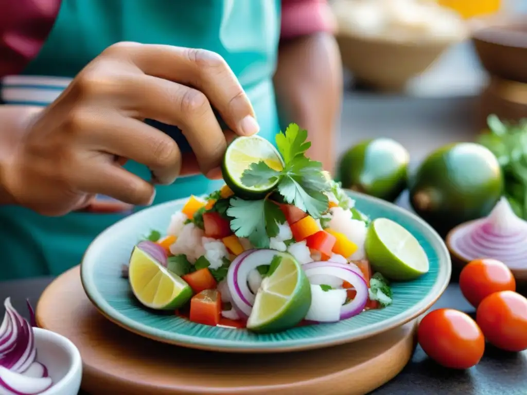 Un chef peruano preparando ceviche con ingredientes frescos en un colorido mercado