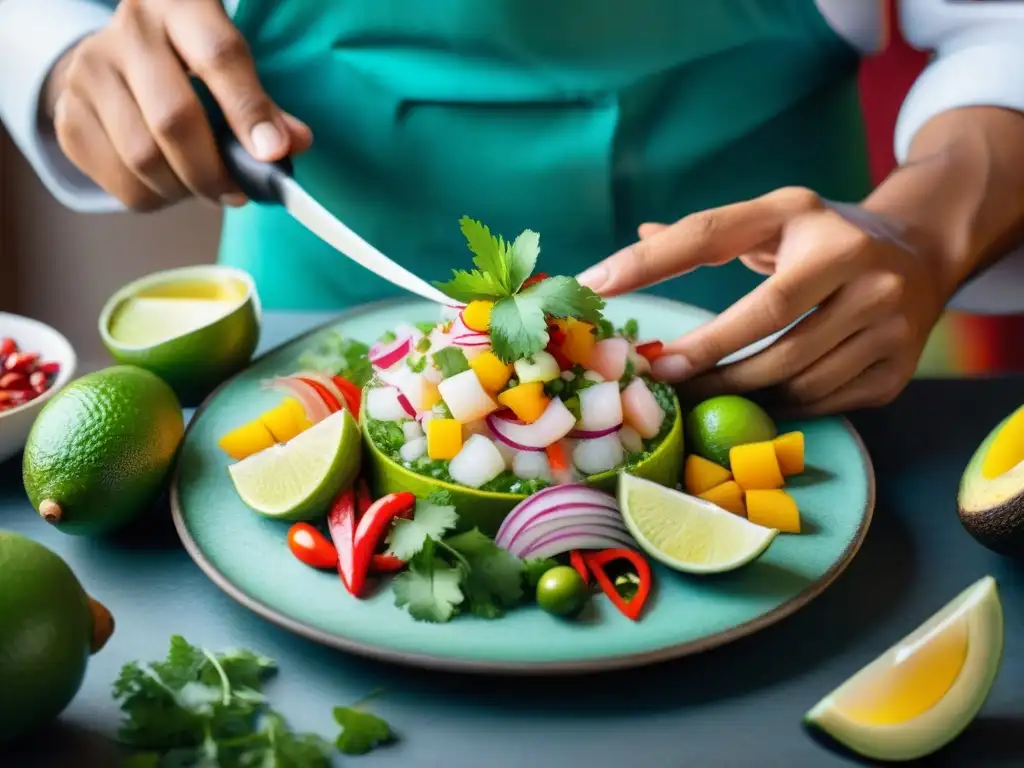 Un chef peruano preparando ceviche con ingredientes autóctonos en un mercado local