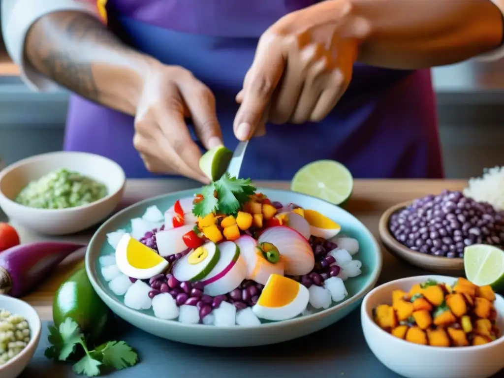 Un chef peruano prepara ceviche con ingredientes autóctonos, fusionando tradición e innovación en la gastronomía peruana