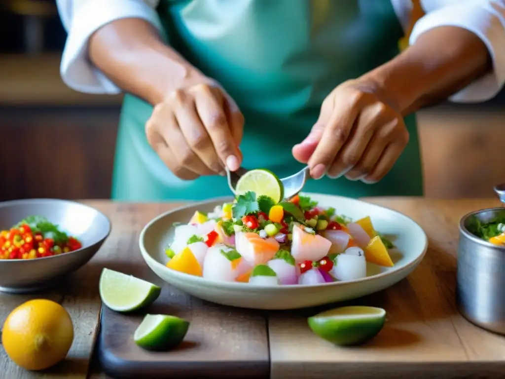 Un chef peruano preparando ceviche con ingredientes autóctonos gastronomía peruana