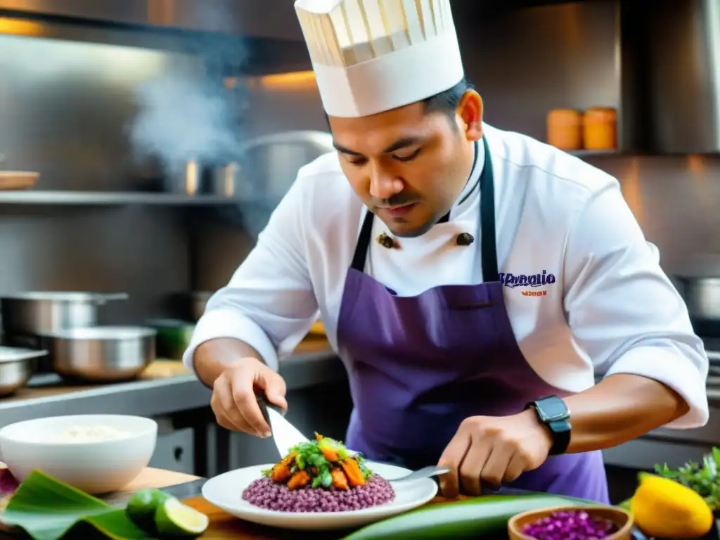 Un chef peruano prepara ceviche con ingredientes tradicionales en una cocina bulliciosa