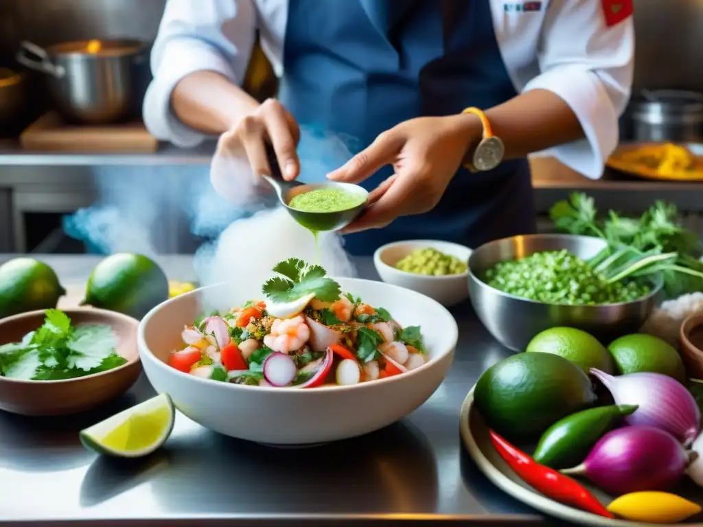 Un chef peruano prepara ceviche con ingredientes autóctonos en una cocina tradicional peruana