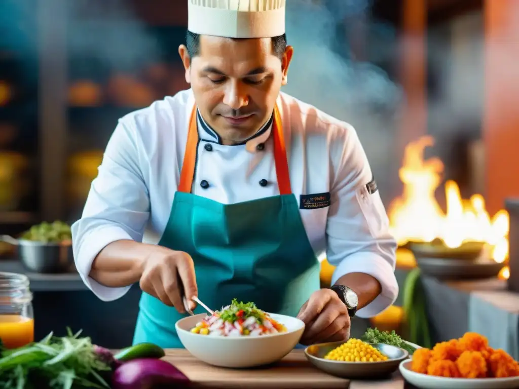 Un chef peruano preparando ceviche con ingredientes autóctonos, capturando la esencia de la gastronomía peruana