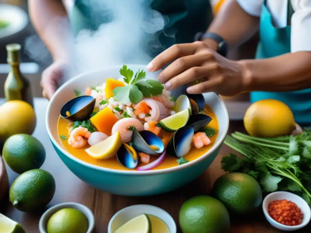 Un chef peruano preparando ceviche con ingredientes autóctonos en un mercado tradicional, reflejando la esencia de la gastronomía marina peruana