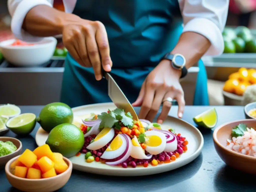 Chef peruano preparando ceviche con ingredientes autóctonos, en mercado de Lima