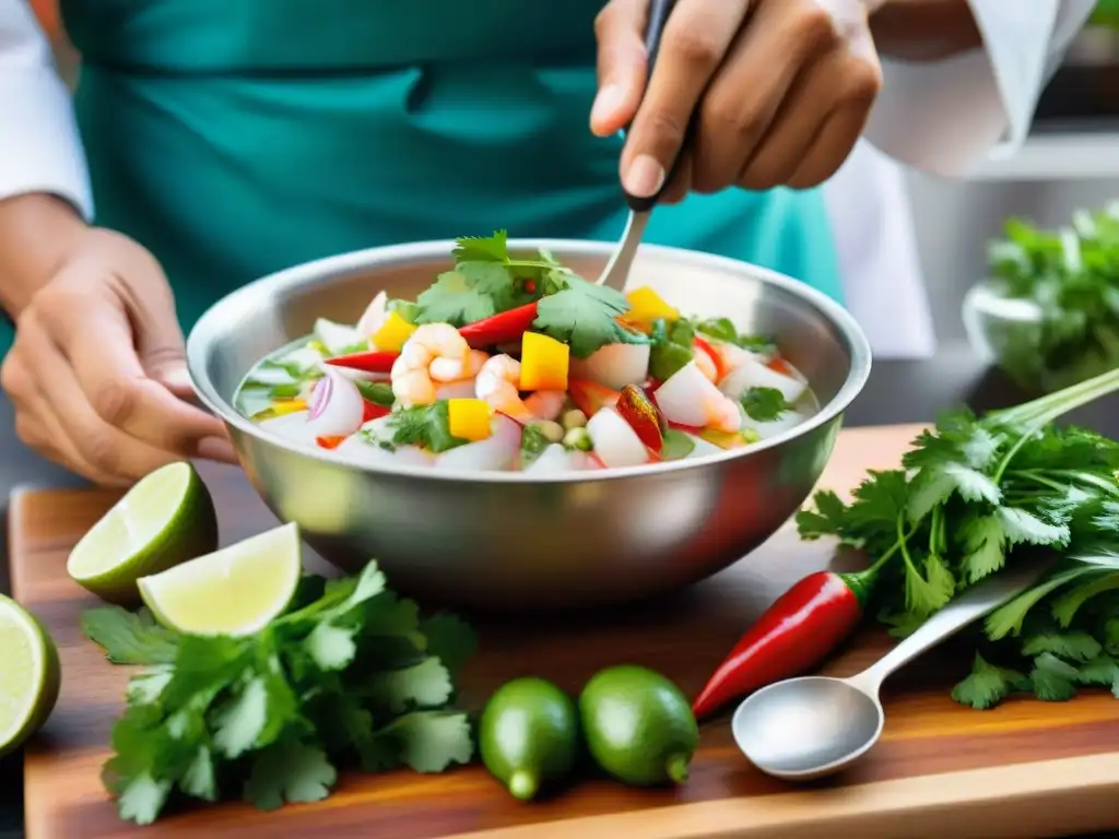 Un chef peruano preparando ceviche con ingredientes autóctonos en una cocina tradicional