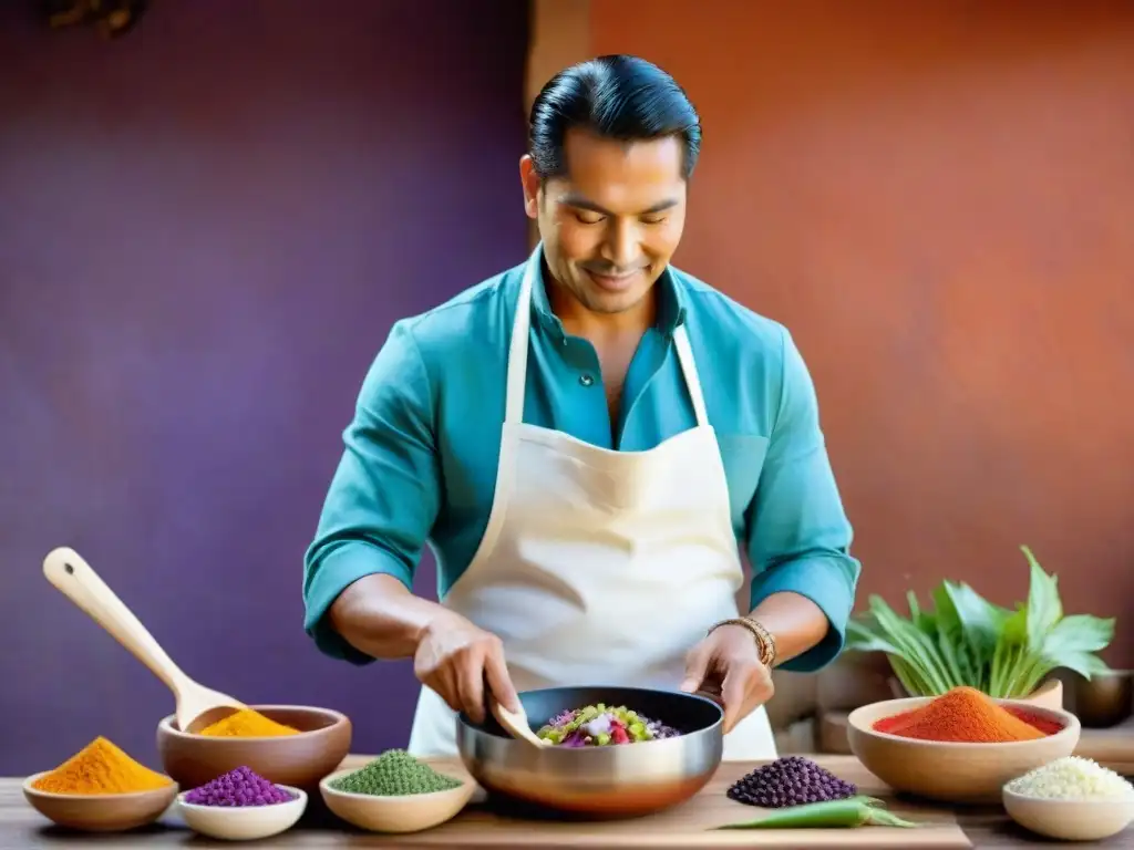 Chef peruano preparando ceviche con ingredientes autóctonos en cocina tradicional