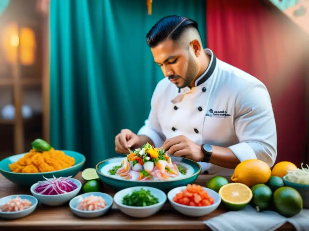 Chef peruano preparando ceviche con ingredientes autóctonos y colorida vajilla