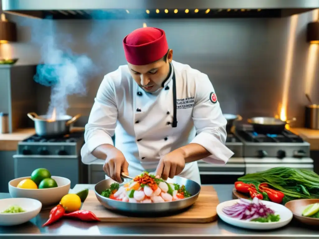 Un chef peruano preparando ceviche, destacando ingredientes frescos y coloridos