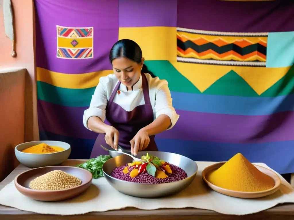 Chef peruano preparando ceviche con ingredientes autóctonos en cocina tradicional llena de colores y tradiciones