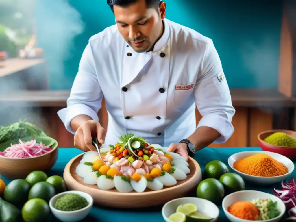 Un chef peruano preparando ceviche con ingredientes tradicionales en un mercado