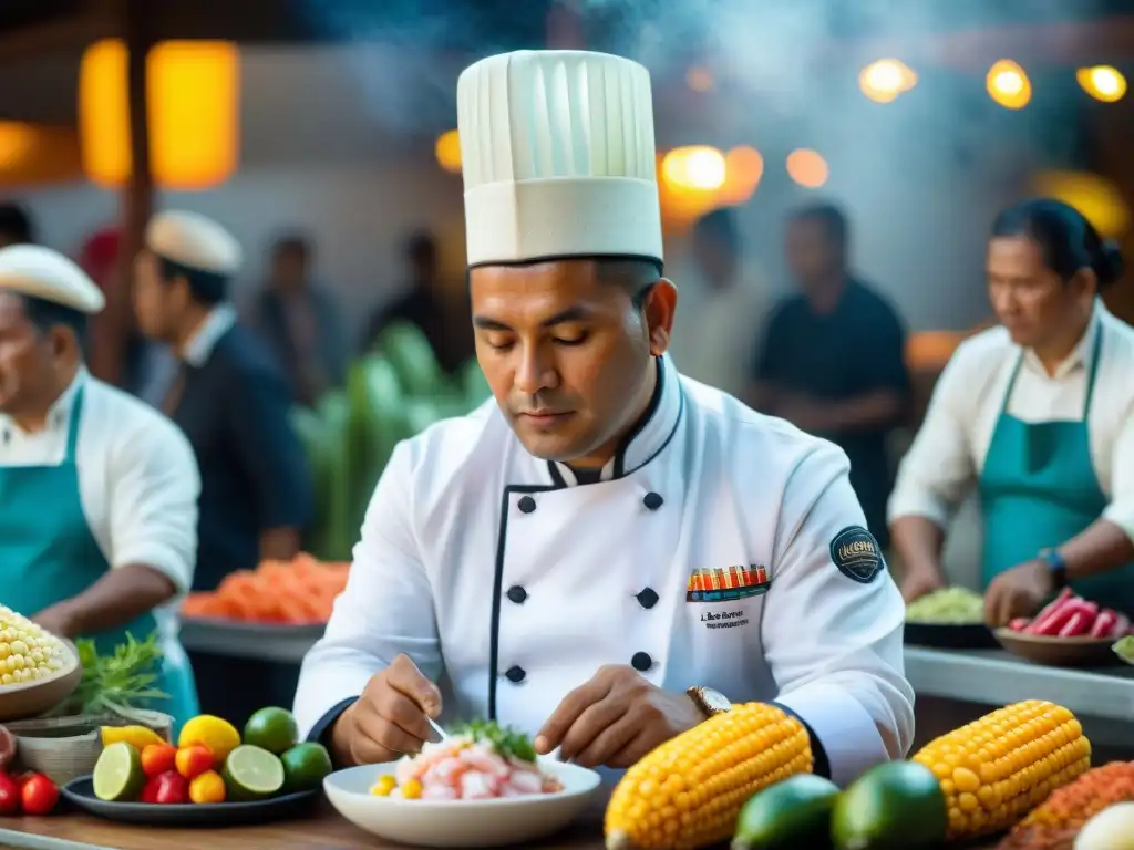 Un chef peruano preparando ceviche con ingredientes autóctonos en un mercado vibrante