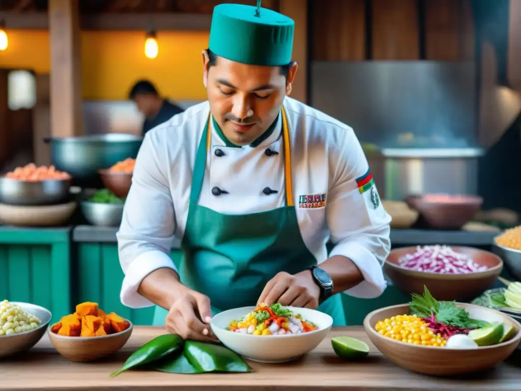 Un chef peruano preparando ceviche con ingredientes autóctonos