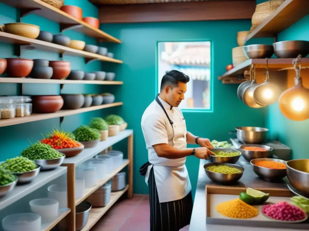 Chef peruano preparando ceviche con ingredientes autóctonos en una cocina tradicional andina