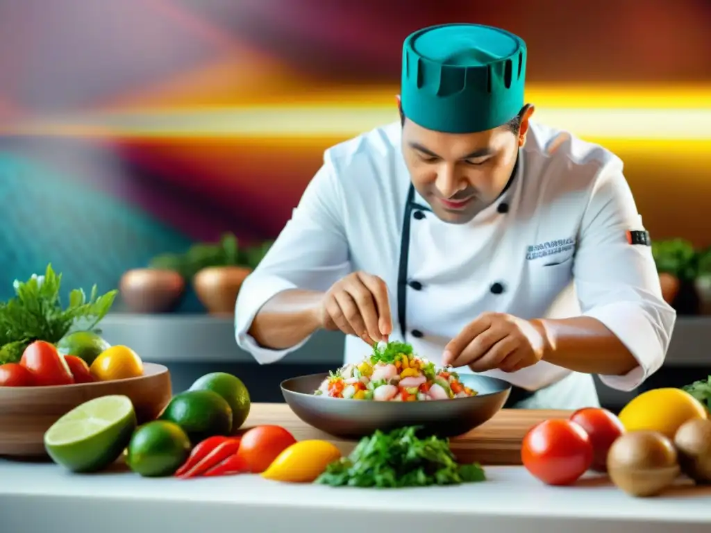 Un chef peruano preparando ceviche con ingredientes frescos en cocina moderna