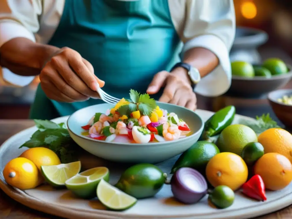 Un chef peruano preparando ceviche con ingredientes frescos y coloridos, resaltando la gastronomía ancestral peruana