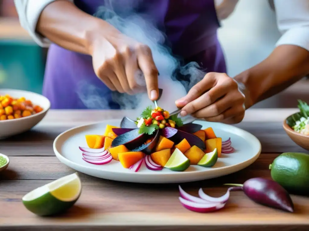 Un chef peruano preparando ceviche con ingredientes autóctonos en un mercado local