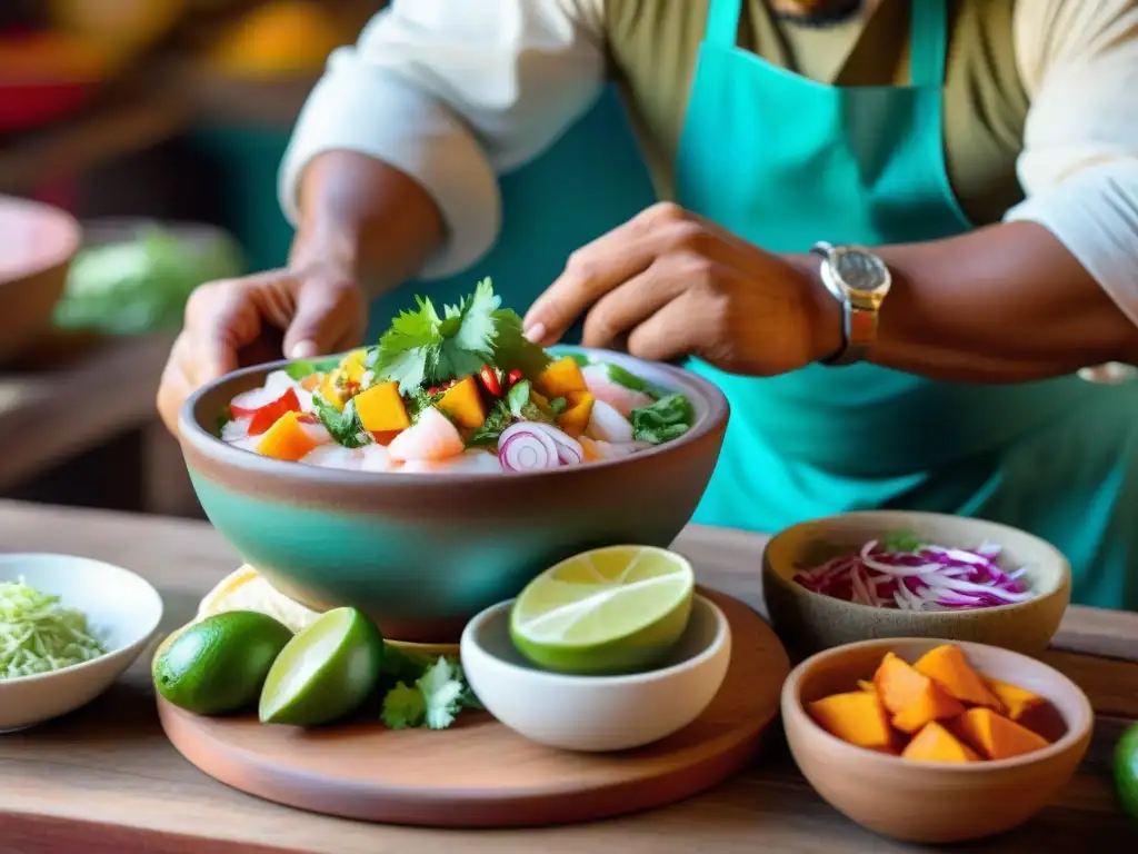 Un chef peruano prepara ceviche con ingredientes autóctonos en un mercado local