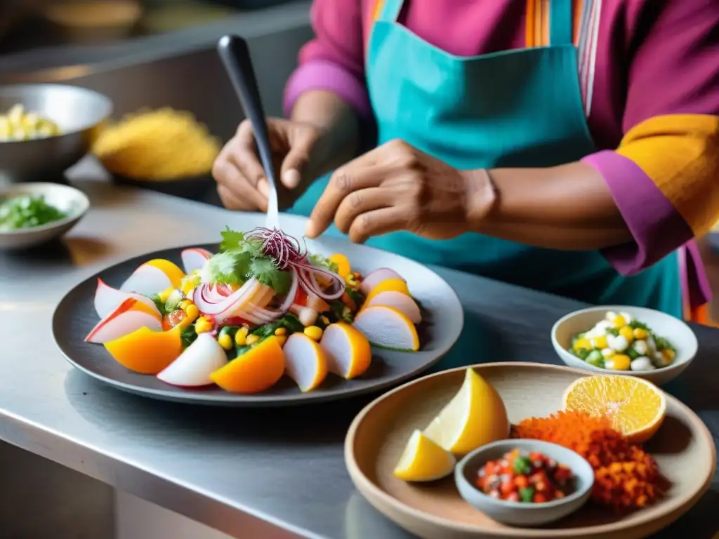 Un chef peruano preparando ceviche con ingredientes autóctonos en una cocina tradicional