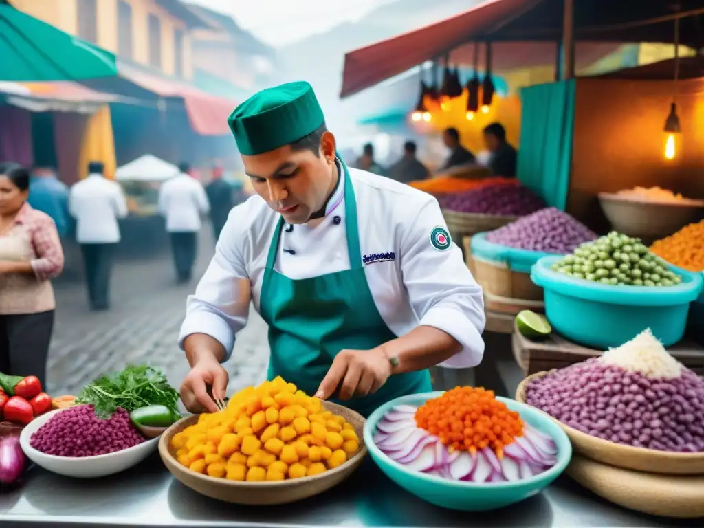 Un chef peruano preparando ceviche con ingredientes autóctonos en un mercado de Lima