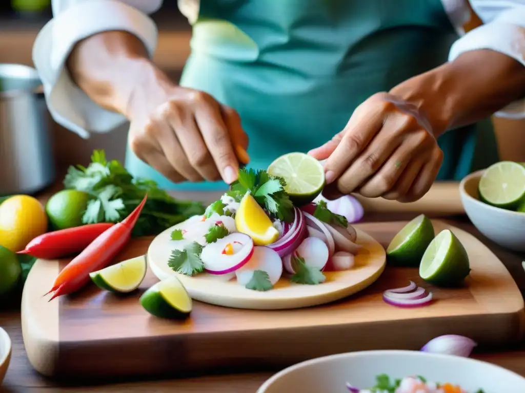 Un chef peruano prepara ceviche con ingredientes frescos, mostrando la fusión de recetas ancestrales en cocina peruana contemporánea