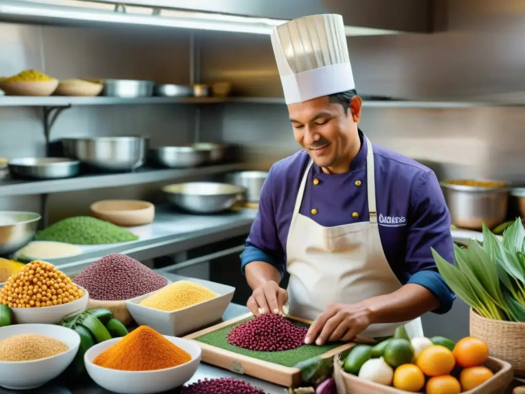 Un chef peruano preparando ceviche con ingredientes locales, destacando la agricultura sostenible en cocina fusión