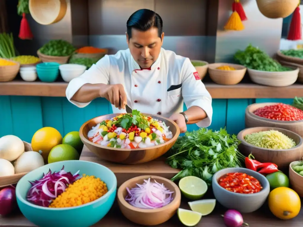 Un chef peruano prepara ceviche con ingredientes autóctonos en un mercado local vibrante