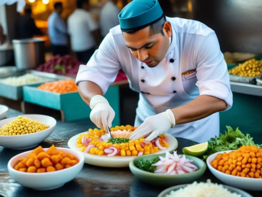 Un chef peruano preparando ceviche con ingredientes autóctonos en un mercado de Lima