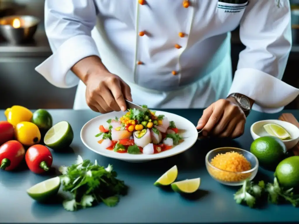 Un chef peruano preparando ceviche con ingredientes autóctonos en una cocina reluciente