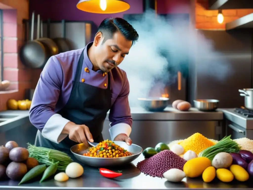 Un chef peruano preparando ceviche con ingredientes autóctonos en cocina tradicional: gastronomía peruana ingredientes autóctonos