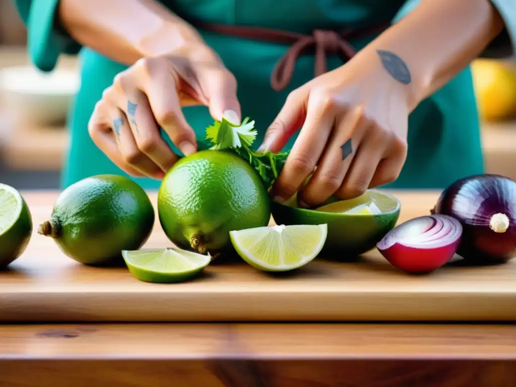 Un chef peruano preparando ceviche con limes frescos, adornado con tatuajes culturales