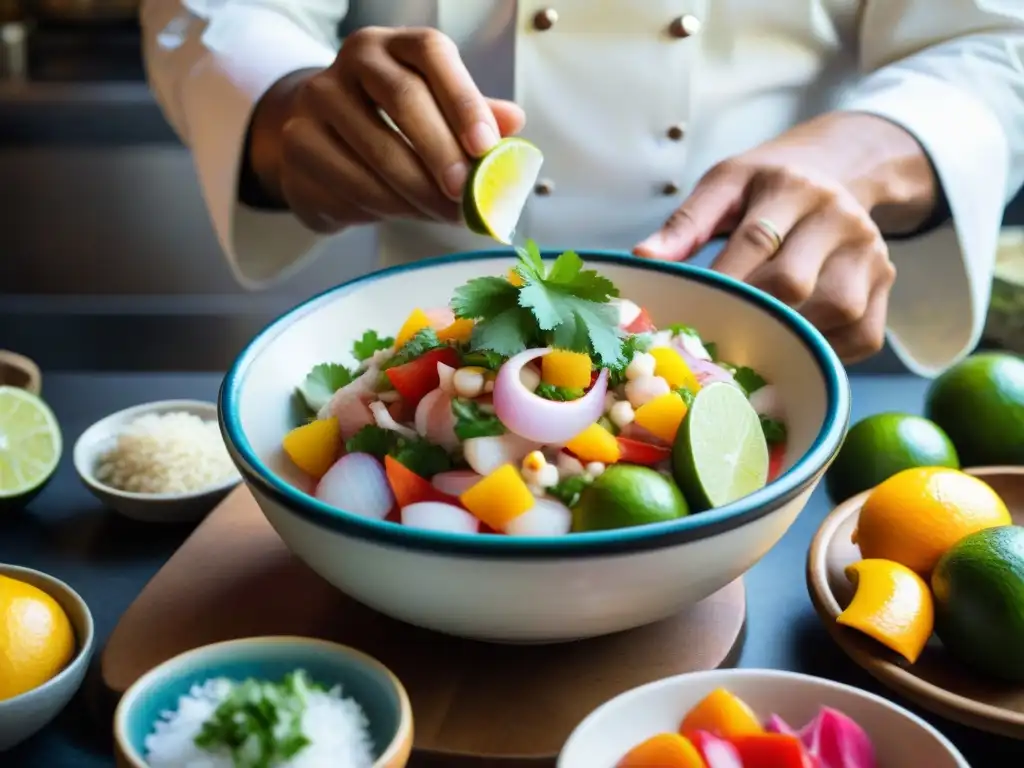 Un chef peruano preparando ceviche, demostrando maestría culinaria y autenticidad cultural