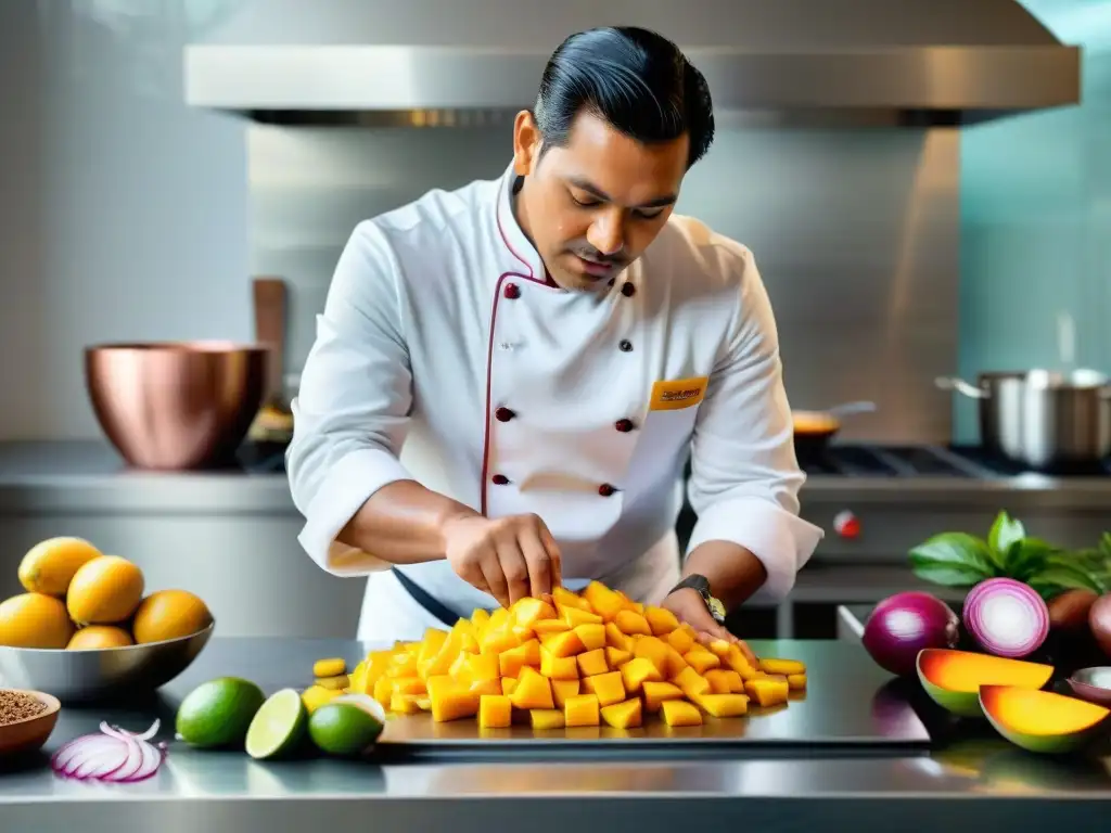 Un chef peruano preparando Ceviche de Mango en cocina moderna