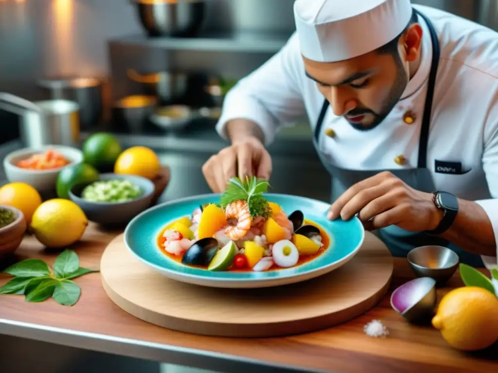 Un chef peruano creando ceviche con mariscos peruanos en cocina fusión