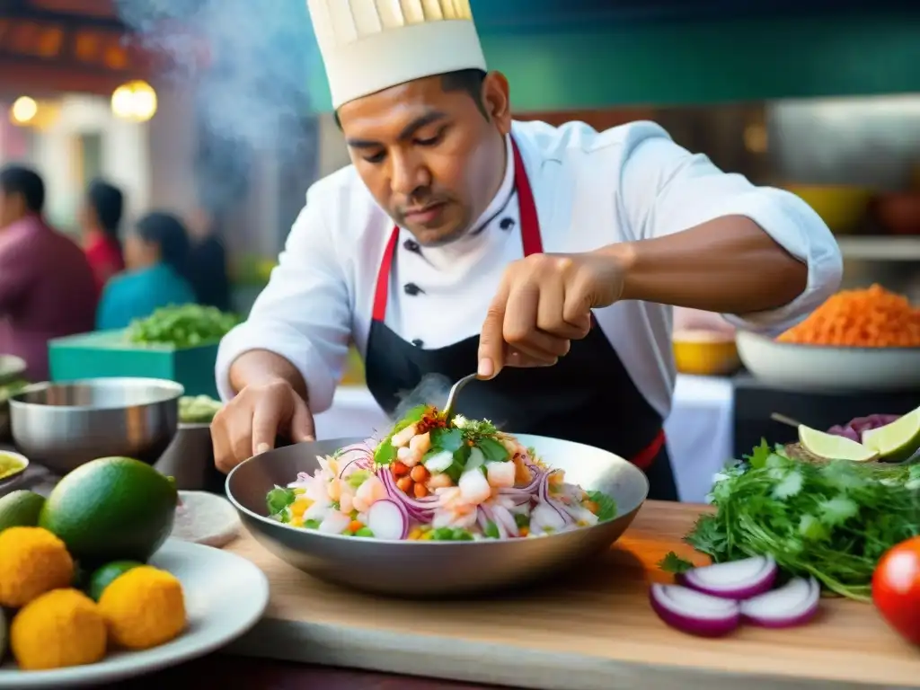 Un chef peruano prepara ceviche en mercado limeño, con ingredientes frescos y admiradores