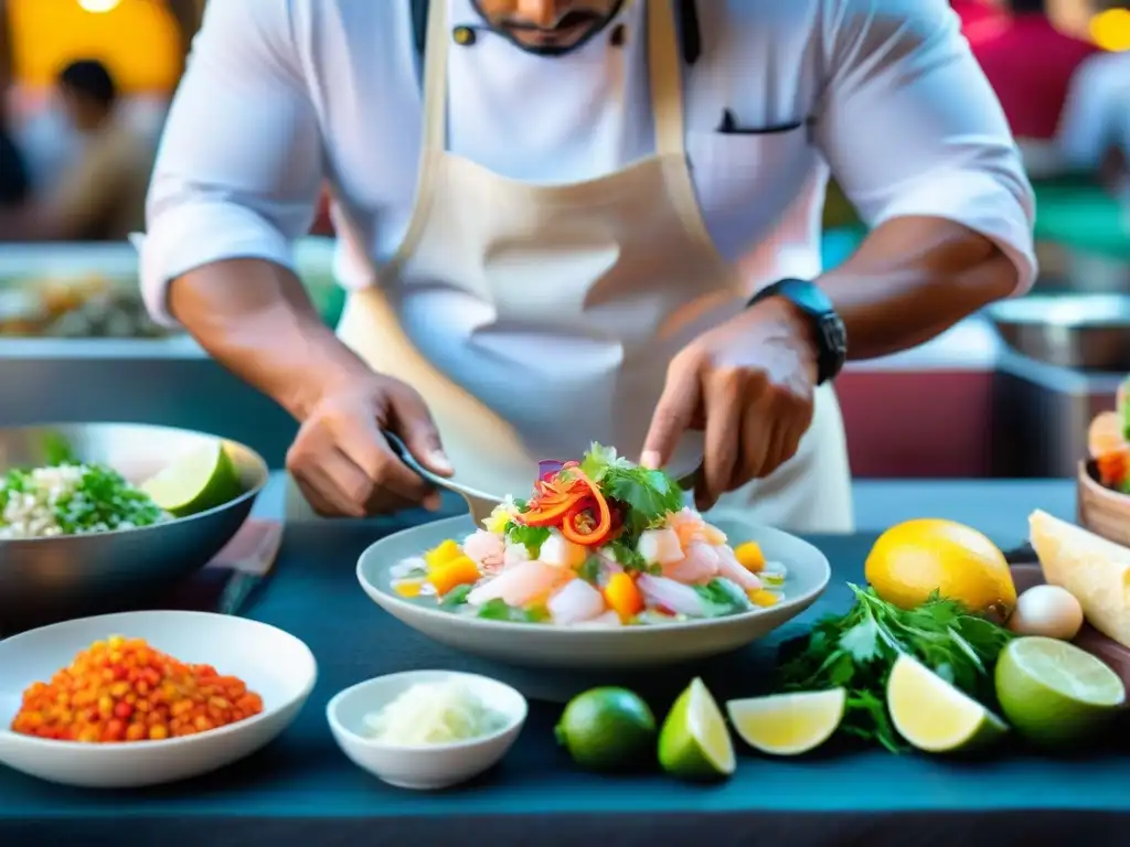 'Chef peruano preparando ceviche en mercado de Barranco, Perú, en tour gastronómico